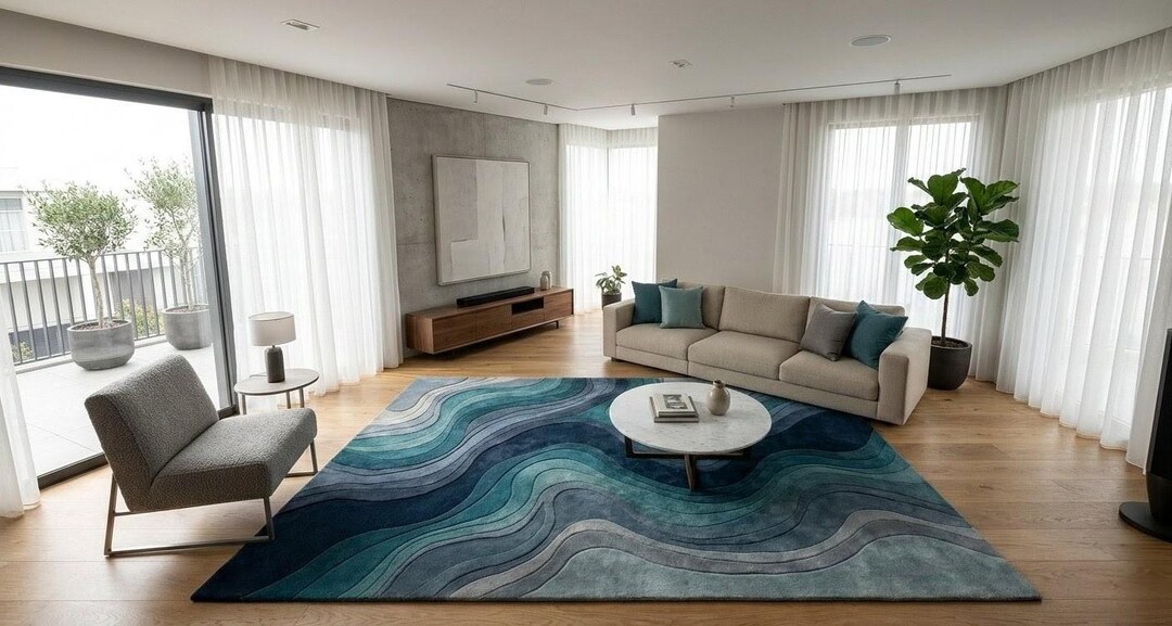 Abstract Blue Area Rug | Hand Tufted Wool Blend, Modern Wave Design for ...