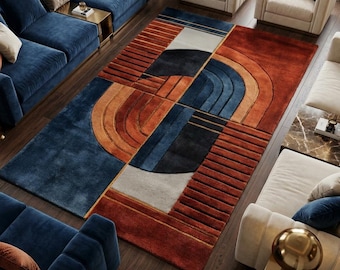 Hand Tufted Abstract Rug, Mid Century Modern Area Rug, Blue Rust Geometric Carpet, Modern Wool Living Room Rug, Custom Size Rug 8x10 \ 12x18