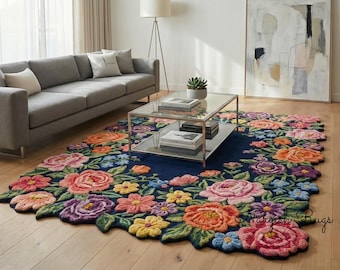 Floral Garden Statement Rug | Colorful Handmade Tufted Area Rug | Bold Flower Carpet for Living Room, Scalloped Boho Rug, Nursery & Bedroom.