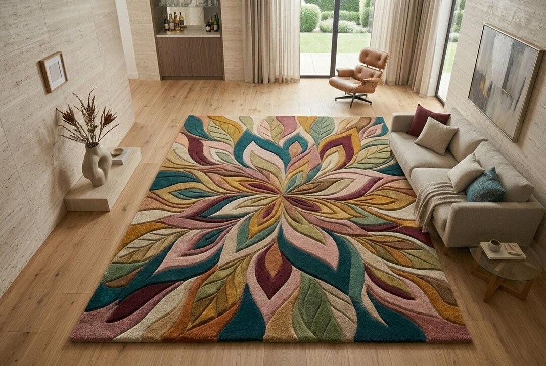 Hand Tufted Floral Petal Wool Rug, Sculpted High Pile Area Rug | Retro ...