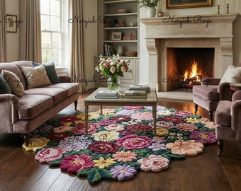 Handmade-Tufted Floral Bloom Rug | Colorful 3D Flower Carpet | 5x8 \ 6x9 Wool Area Rug for Living Room | Cottagecore & Boho Home Decor.