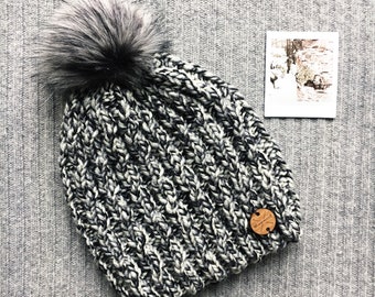 BIRCH Wool Blend North Shore Beanie Faux Fur Pom Pom Black and White Hand Knit Wool Hat Toque Gift for Women by WormeWoole