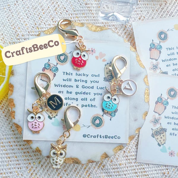 Custom Initial Lucky Owl Keyring Key Chain Key Ring Charm Pendant Bag Charm - Gift Idea - Gift For Him - Gift For Her- Christmas