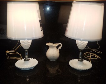 Pair Mid Century beaded milk glass accent table lamps