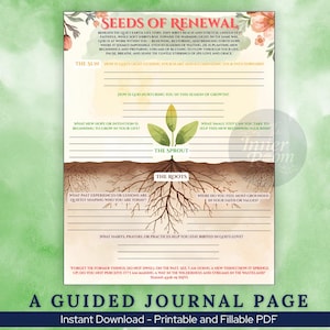 May include: A printable guided journal page with the title "Seeds of Renewal" and prompts for reflection. The design features a sprout with roots, and text from Isaiah 43:18-19. The page is designed to be fillable.