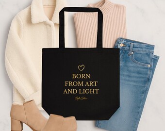 Art and Light – Black Organic Cotton Eco Tote | Modern Art Print | Elegant Minimalist Style