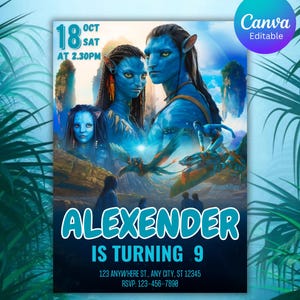 May include: A vibrant invitation featuring characters from the movie Avatar. The design includes the text "ALEXENDER IS TURNING 9" and event details. The date is October 18th, Saturday, at 2:30 PM. The Canva Editable logo is in the upper right corner.