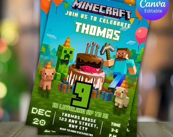 Video Game Party Invitation, Green Gamer Birthday Invitation, Level Up Birthday Invitation, Gamer Boy Template, Editable Canva Template