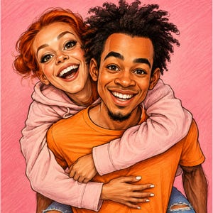May include: A digital illustration of two individuals smiling broadly. One person has red hair in a bun and wears a light pink hoodie. The other person has dark curly hair and wears an orange t-shirt. They are positioned against a pink background.