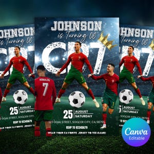 May include: Football-themed birthday party invitation with a player in a red and green kit. The invitation includes the text "JOHNSON is Turning 06" and "CR7", event details, and a football graphic.