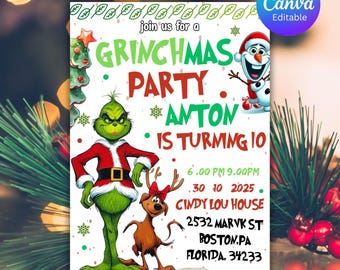 以下が含まれることがあります： グリンチ、シンディ・ルー・フー、オラフのイラストが描かれた、Grinchmasパーティーの招待状。「join us for a Grinchmas Party」というテキストと、アントンの10歳の誕生日に関する詳細（日付、時間、場所など）が含まれています。場所はボストン、PA、フロリダです。