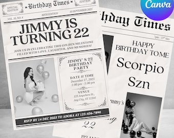 May include: Two newspaper-style birthday party invitations. The first says "Jimmy is turning 22" with party details and a photo. The second says "Happy Birthday to me, Scorpio Szn". Both are black and white.