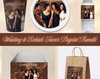 Könnte beinhalten: Ein digitales Bundle mit dem Thema "Waiting to Exhale", das eine Kaffeetasse, einen runden Aufkleber, eine Wasserflasche, eine Geschenkbox und eine Papiertüte enthält. Jeder Artikel zeigt eine Gruppe von Frauen und den Filmtitel.