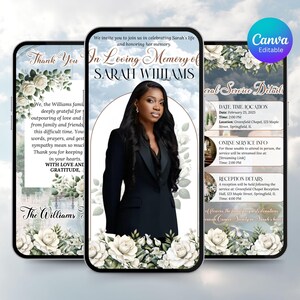 May include: Three smartphone screens displaying a memorial service announcement. The central screen features a photo of a woman in a black blazer, with text "In Loving Memory of SARAH WILLIAMS." Floral accents and event details are also included.