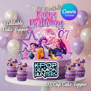 May include: A birthday cake with a purple ombre design, featuring a K-Pop theme. The cake is decorated with a disco ball, star, and animated characters. The text "Happy Birthday" and "K-Pop Demon Hunters" are visible. Cupcakes with toppers are also present.