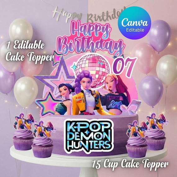 Kpop Demon Hunters Cake Topper Set | Editable Canva Birthday Party Decor with Cake, 1 Editable Cake Topper & 15 Cupcake Toppers Printable