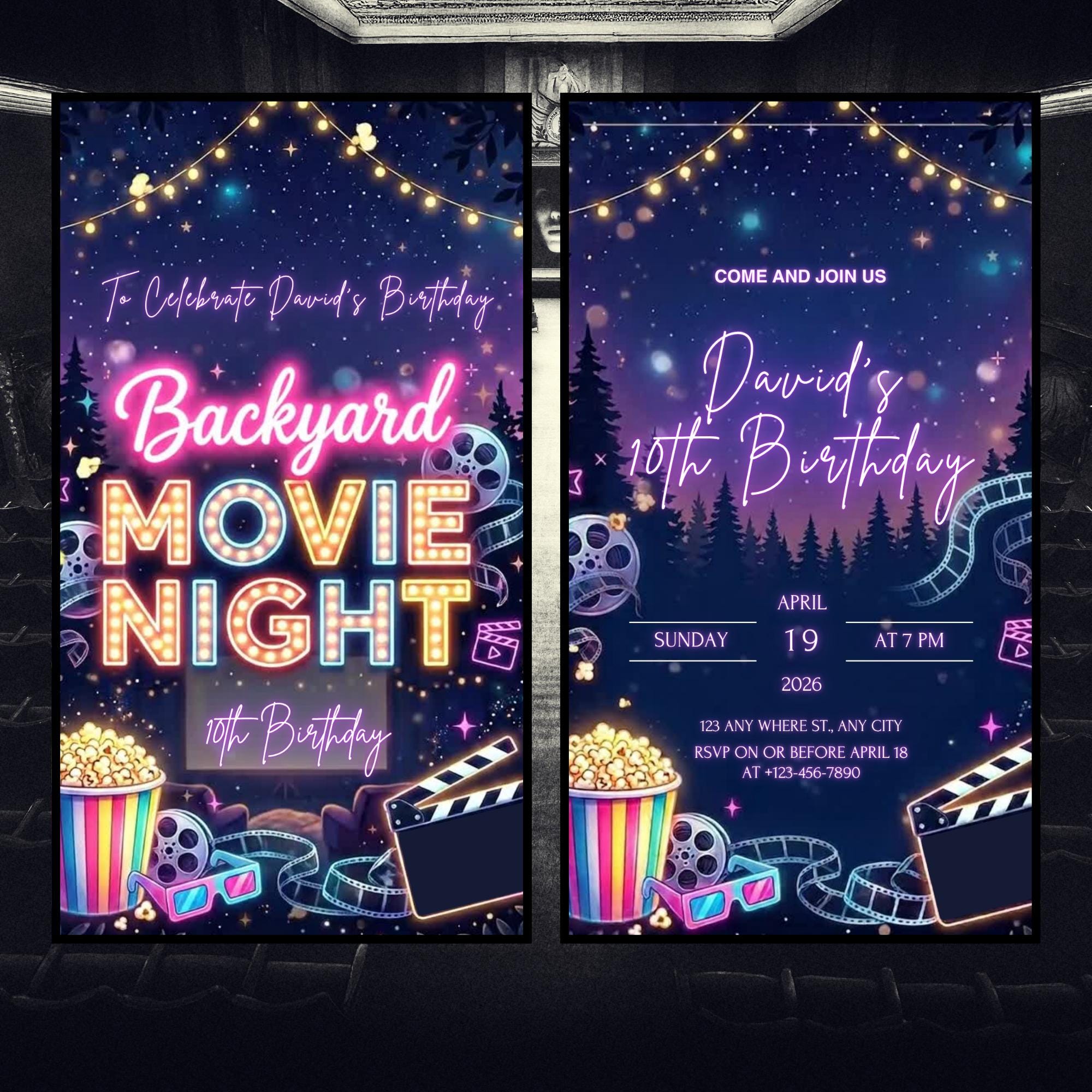 Pink Backyard Movie Night Birthday Party Invitation With Music, Digital ...