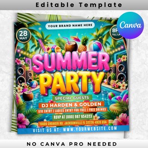 May include: A vibrant flyer for a summer party, featuring the text "SUMMER PARTY" in pink and yellow. The design includes palm trees, a pool, coconuts, pineapples, and speakers. The flyer also includes event details such as the date, time, and special guests.