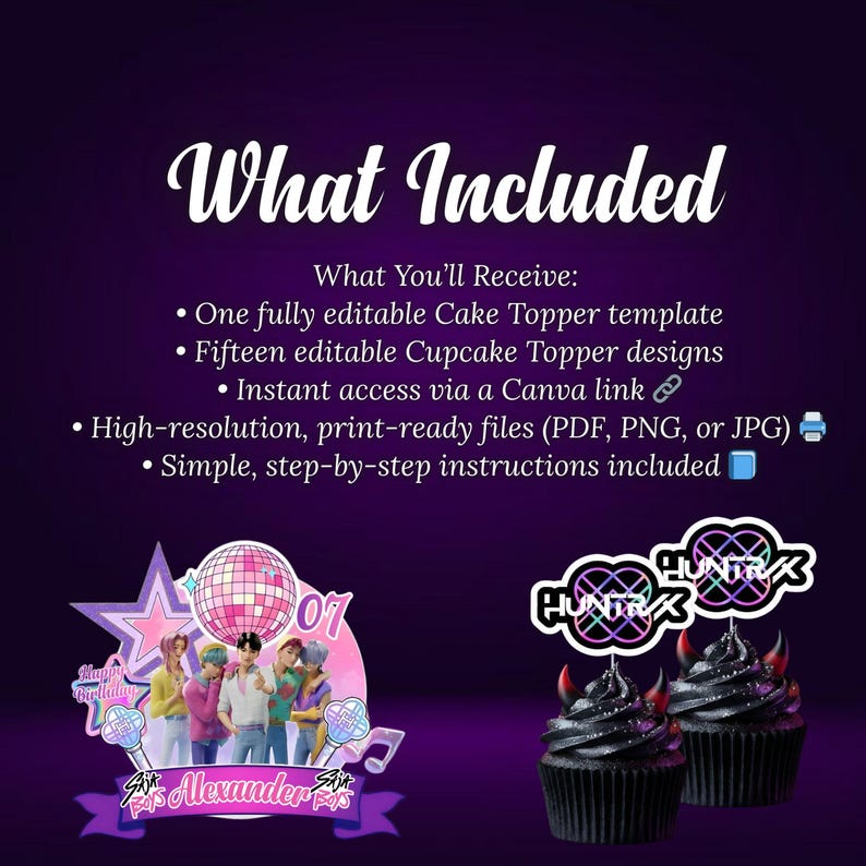 May include: A purple graphic with the text "What Included" and a list of features for a cake topper template and cupcake topper designs. The image also shows two cupcakes with toppers and a cake topper design with a group of people.