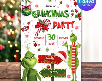 以下が含まれることがあります： クリスマスのテーマのグリンチマスパーティーの招待状。グリンチのキャラクターが特徴です。招待状には「Grinchmas Party」の文字と、キャンディケーンとヒイラギの装飾が含まれています。日付は2025年12月30日です。パーティーはジョンソン家が主催します。