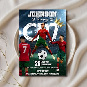 May include: A birthday invitation with a soccer theme, showcasing a soccer player in a red and green kit. The invitation includes the text "JOHNSON is Turning 06", the date, and RSVP details. A soccer ball and a gold crown are also featured.