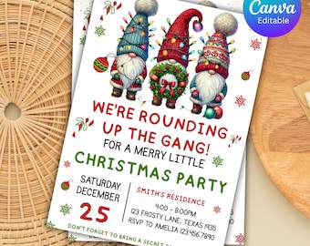 May include: Christmas party invitation featuring three gnomes wearing festive hats and string lights. The invitation includes the text "We're rounding up the gang!" and party details. The date is December 25th.