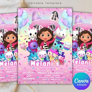 May include: Pink birthday party invitation featuring a cartoon girl and cat characters. The invitation includes the text "Melani's Is Turning 9" and event details. The design includes balloons and confetti.