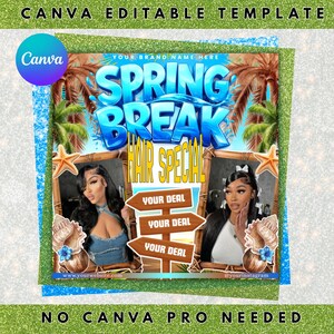 May include: A Canva editable template with a Spring Break Hair Special theme. The design features palm trees, seashells, and two women. Text includes "Spring Break Hair Special", "Your Deal", and website and Instagram handles.