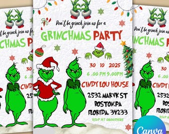 以下が含まれることがあります： 3つのGrinchmasパーティー招待状。各招待状には、緑色のGrinchのキャラクター、赤と白のサンタの帽子、および「Grinchmas Party」というテキストが表示されます。招待状にはイベントの詳細とCanvaのロゴが含まれています。