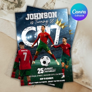 May include: Birthday party invitation with a soccer theme, showcasing a soccer player in a red and green jersey. The invitation includes the text "JOHNSON is Turning 06" and "CR7". The date is August 25th, with location and RSVP details.