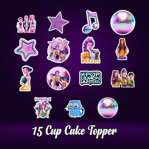 May include: A collection of 15 cupcake toppers featuring various designs on a dark purple background. The toppers include images of K-pop group members, stars, musical notes, disco balls, and the text "KPOP DEMON HUNTERS".