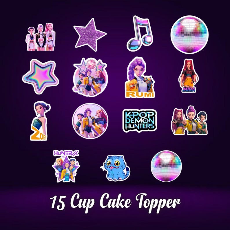 May include: A collection of 15 cupcake toppers featuring various designs on a dark purple background. The toppers include images of K-pop group members, stars, musical notes, disco balls, and the text "KPOP DEMON HUNTERS".