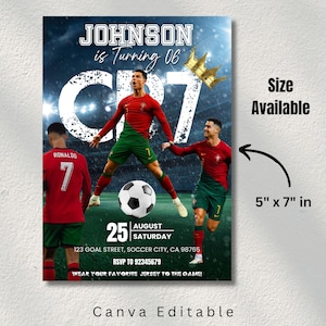 May include: A soccer-themed invitation featuring a soccer player in a red and green uniform. The invitation includes the text "JOHNSON is Turning 06" and "WEAR YOUR FAVORITE JERSEY TO THE GAME!" The size is 12.7cm x 17.8cm.