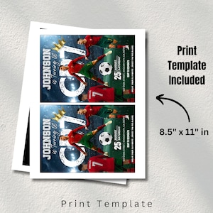 May include: Two soccer-themed birthday party invitations. The design features a soccer player in a red jersey, a soccer ball, and the text "JOHNSON is turning 06". The invitations are 21.6 cm x 27.9 cm in size.