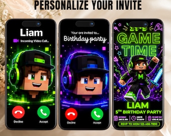 May include: Three smartphones displaying digital birthday invitation templates with a video game theme. The screens feature block-style characters, neon green and purple lighting, and text including Liam, Game Time, and party details.
