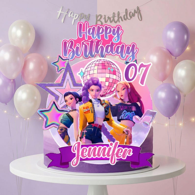May include: A birthday cake with a purple base and a decorative topper featuring three animated figures. The cake is adorned with a banner that reads "Happy Birthday" and the name "Jennifer". Balloons in shades of pink, white, and purple surround the cake.