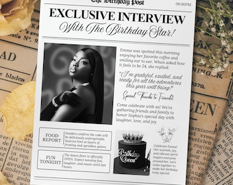 Editable Birthday Newspaper Template, Canva Party Invite (Digital Download, 8.5x11 inch)