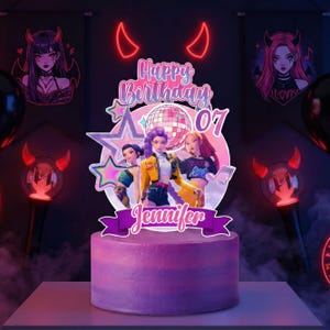 May include: A purple birthday cake with a topper featuring three animated figures, a disco ball, and the text "Happy Birthday 07 Jennifer." The cake is decorated with purple frosting and surrounded by decorative elements.