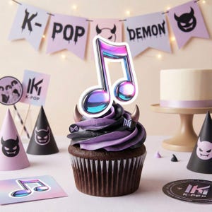 May include: A decorated cupcake with purple frosting and a musical note topper. The cupcake is surrounded by party decorations, including banners that read "K-POP DEMON" and party hats with devilish designs. A small cake is in the background.