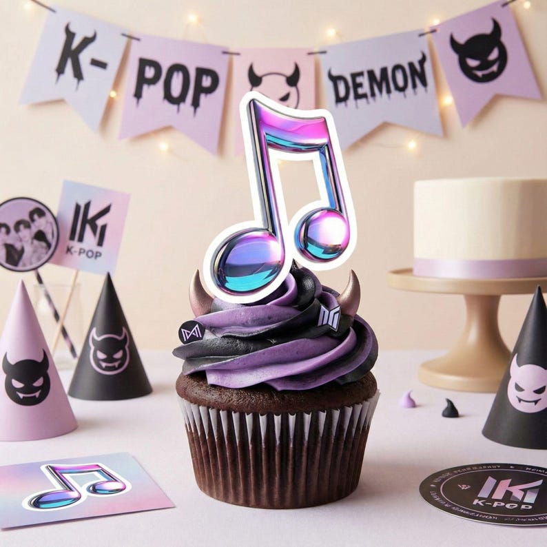 May include: A decorated cupcake with purple frosting and a musical note topper. The cupcake is surrounded by party decorations, including banners that read "K-POP DEMON" and party hats with devilish designs. A small cake is in the background.