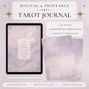 May include: Digital and printable Tarot Journal with a soft purple and gold design. The journal includes 26 pages and is GoodNotes compatible. The cover features the text "The Tarot Journal" and "Spreads, Reflections & Rituals."