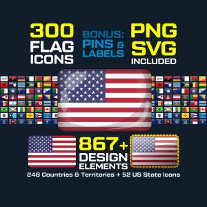 Conjunto de 300 ícones de bandeiras – Bandeiras de países e estados dos EUA, ícones PNG e SVG em estilo retangular para PowerPoint, mapas e infográficos.