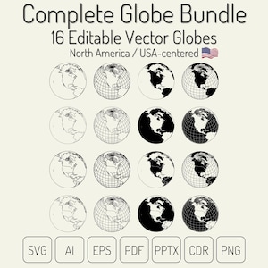 May include: A collection of 16 editable vector globes, centered on North America, with the USA flag. The globes are in various styles, including outlines and shaded versions. File formats include SVG, AI, EPS, PDF, PPTX, CDR, and PNG.