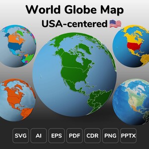 May include: A collection of five globes with a USA-centered view, showcasing continents in green, orange, and blue against a light blue background. The text "World Globe Map USA-centered" is displayed at the top, with file format icons at the bottom.