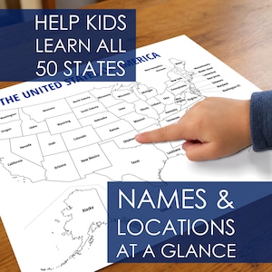 May include: A white paper map of the United States of America with black outlines and text labels for all 50 states. The map includes Alaska and Hawaii, with the text "THE UNITED STATES OF AMERICA" printed in blue at the top of the page.