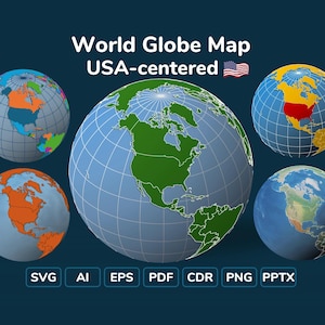 USA Centered Globe Map Bundle, Editable Vector World Map (svg, ai, eps, pdf)