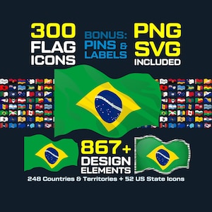 300 Waving Flag Icons – Countries, US States, PNG, SVG (Digital Download)