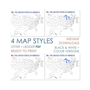 May include: A digital collection of four United States of America maps in black and white and color versions. The text reads 4 MAP STYLES, INSTANT DOWNLOAD, LETTER + LEDGER PDF, READY TO PRINT, BLACK & WHITE + COLOR VERSIONS, THE UNITED STATES OF AMERICA.