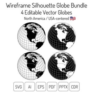 Peut inclure: Un ensemble de quatre globes vectoriels modifiables avec un design de silhouette filaire. Les globes sont centrés sur l'Amérique du Nord et les États-Unis, avec le drapeau américain en haut à droite. Formats de fichiers : SVG, AI, EPS, PDF, PPTX et CDR.