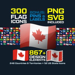 Zestaw 300 ikon flag – flagi państw i stanów USA, ikony w stylu flagi PNG SVG do prezentacji PowerPoint, map, infografik